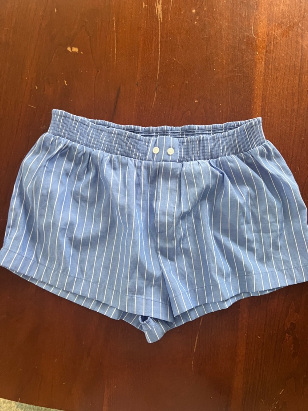 Cotton Candy Light Blue Pinstripe Smocked Waist Shorts, Size M